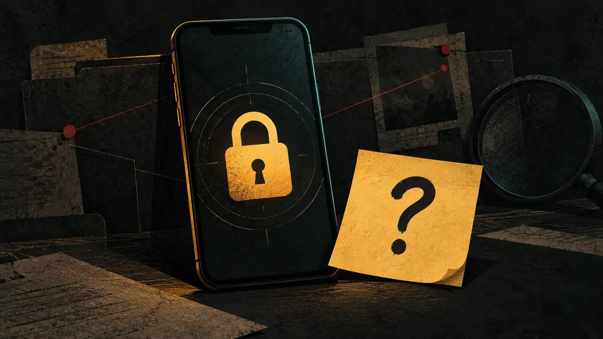 A phone with a padlock and a sticky note with a question mark