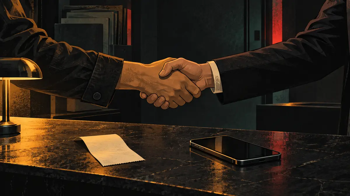 A handshake over a counter with a paper receipt and a phone