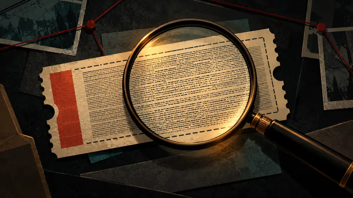 A magnifying glass over a coupon with tiny unreadable print