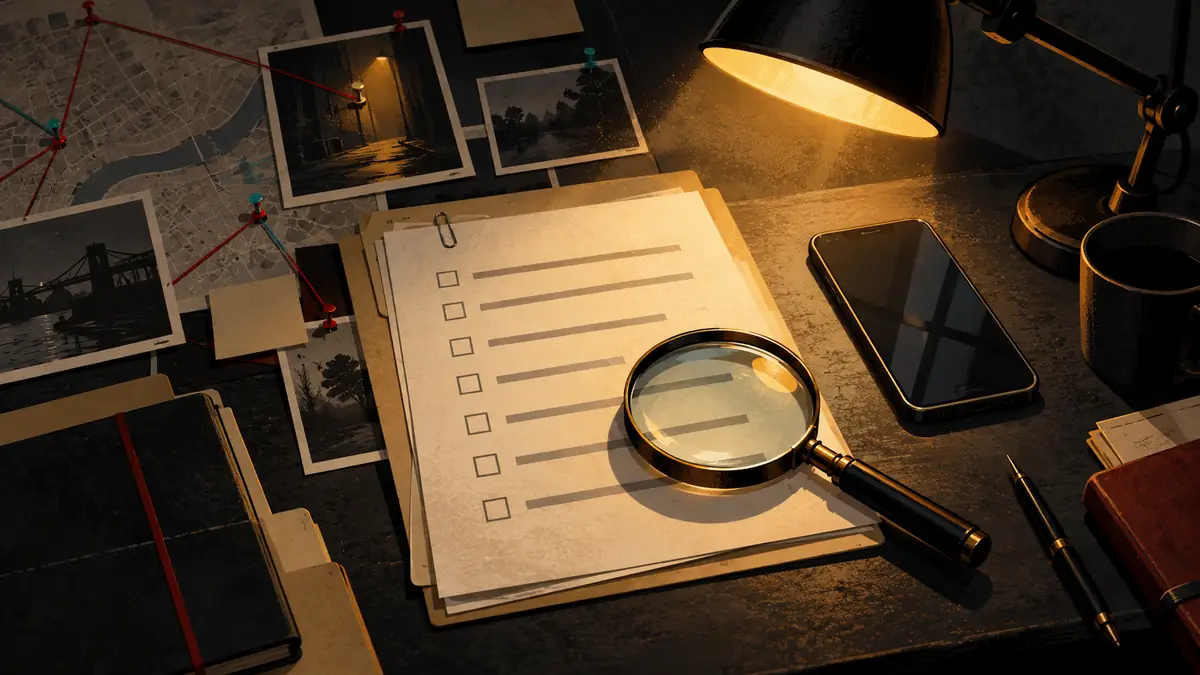 A detective-style desk with a magnifying glass, a phone and a printed checklist under a lamp