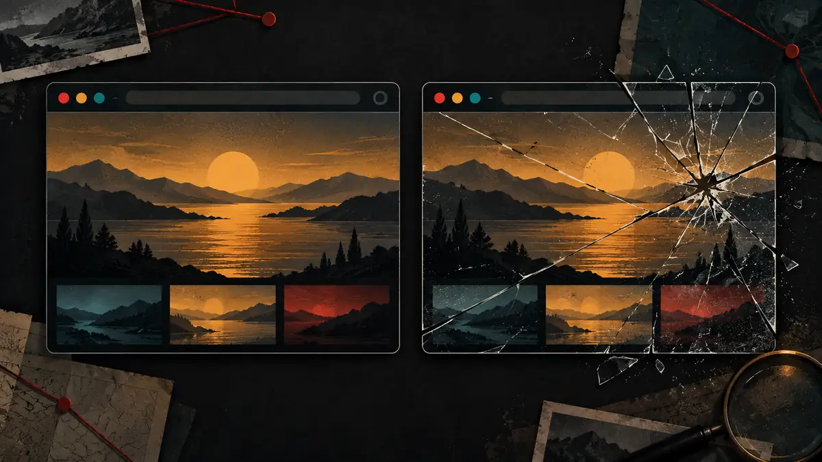 Two almost identical browser windows side by side, one cracked