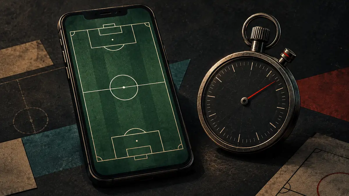 A phone showing a generic football pitch with a stopwatch beside it
