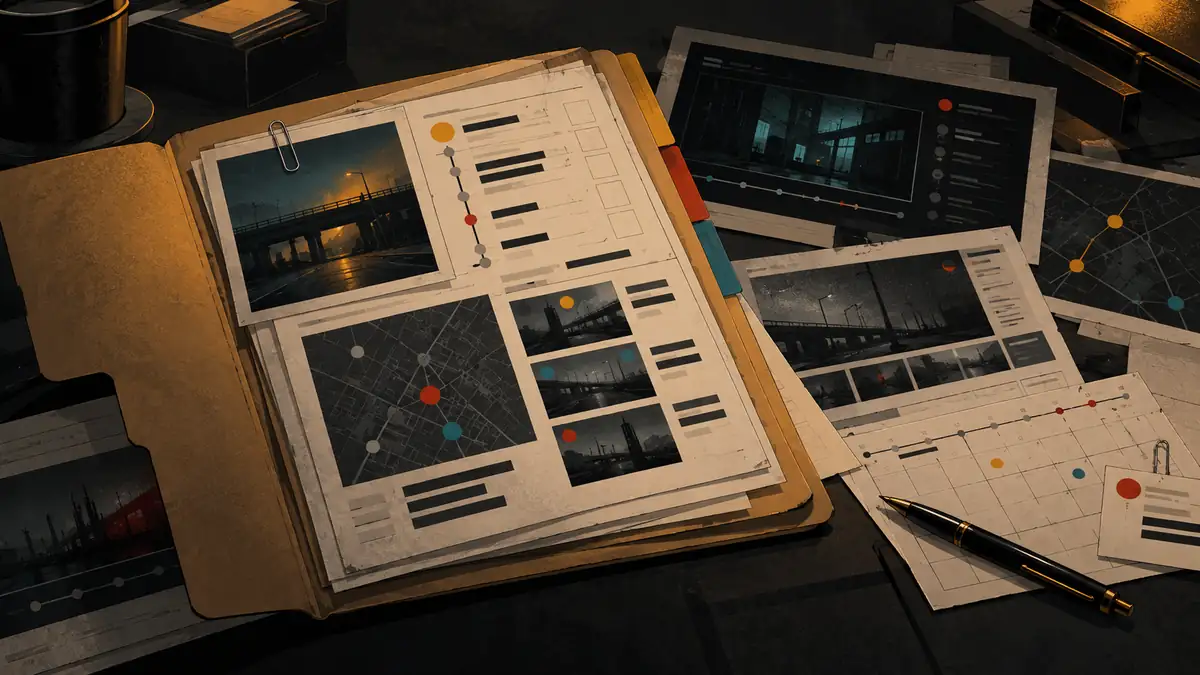 A folder with dated papers, screenshots and a pen on a desk