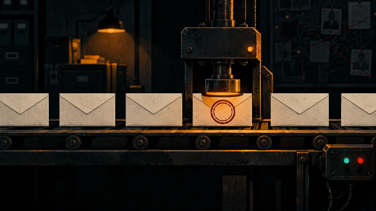 A row of envelopes on a conveyor passing one stamped checkpoint