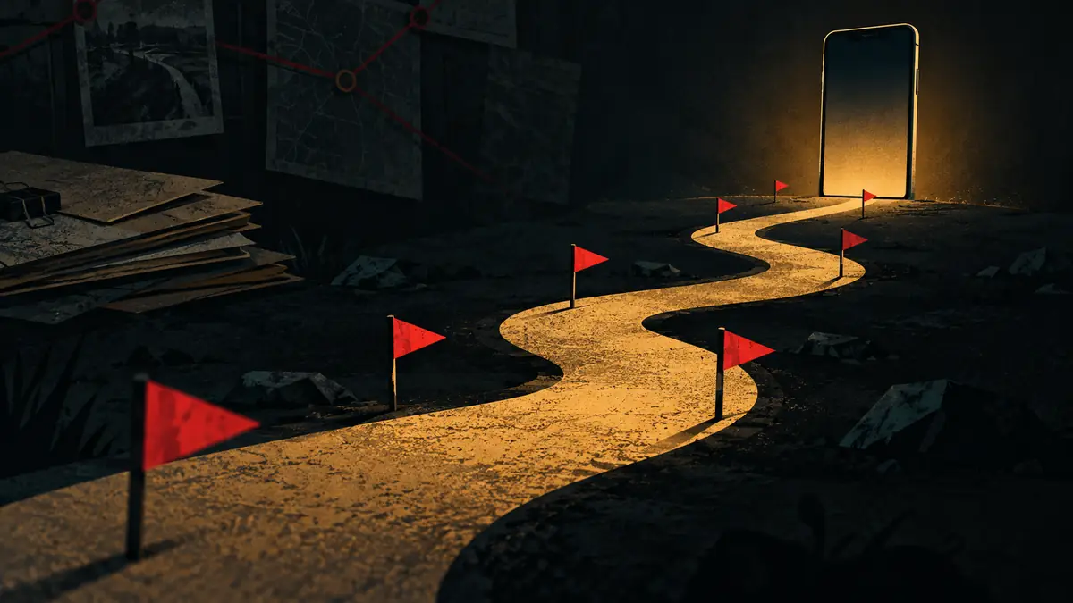 Small red flags planted along a path leading to a phone